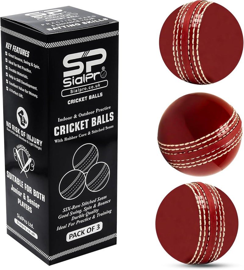 SialPro Soft Cricket Rubber Ball Set Indoor/Outdoor Play for Junior Youth Adult Training, Coaching, Practice Excellent Bounce with Durable Traditional Seams Stitched - Image 1
